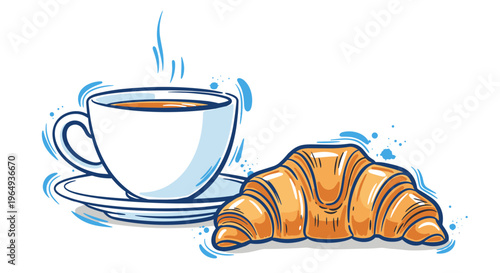 Steaming cup of coffee with freshly baked golden croissant for a delicious