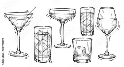 Assortment of hand drawn cocktail and drink glasses with artistic shading