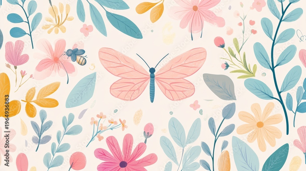 Obraz premium 18.Decorative banner filled with pastel blossoms, stylized leaves, dragonfly, butterfly and bee, arranged in flat folk geometric shapes, soft spring palette, clean symmetrical layout for seasonal
