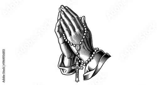 Detailed engraved hands clasped in prayer with rosary beads and crucifix symbol