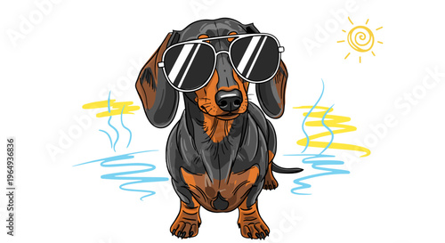 Cool dachshund dog wearing sunglasses on sunny beach vacation relaxing summer vibes