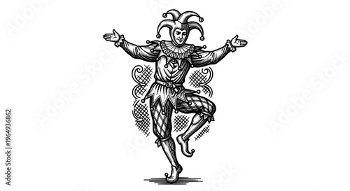 Vintage jester character dancing with arms outstretched medieval entertainer