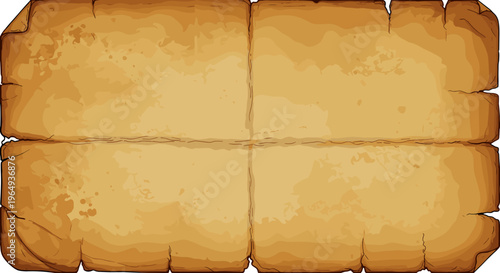 Vintage aged parchment paper with frayed edges creased in the middle with twine