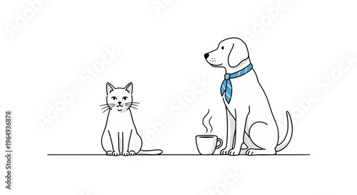 Unamused cat watches a dog enjoy a steaming cup of coffee on a plain white