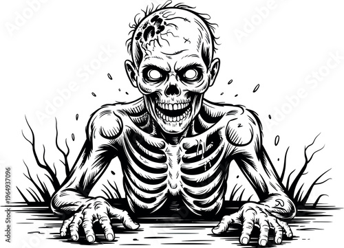 A terrifying zombie with glowing eyes and exposed bones crawls out of a dark grave. The detailed ink sketch uses cross-hatching to create a gritty and frightening texture.