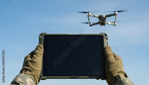 A person in tactical gloves holds a rugged tablet with a blank screen, operating a flying drone against a clear blue sky.