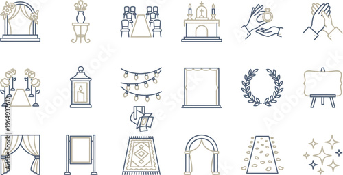 Wedding planning icons featuring arches, altars, chairs, and decorative elements for ceremonies and receptions in gold and blue hues