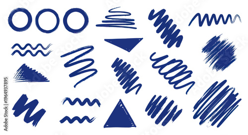 Abstract Blue Hand Drawn Scribble Shapes and Lines on White Background