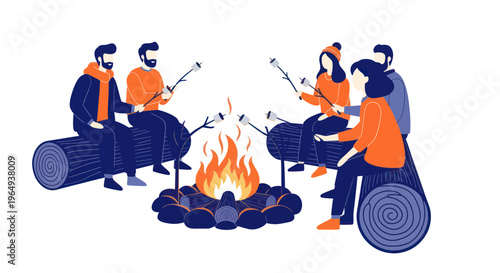 Friends Roasting Marshmallows Around a Campfire