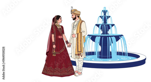 Indian Wedding Couple Holding Hands Near Fountain