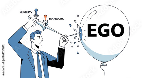 Man with sword 'Humility' and 'Teamwork' piercing balloon 'EGO'