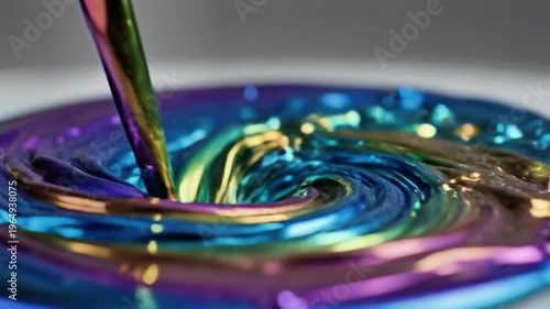 A vibrant liquid splash with iridescent colors on a plain surface