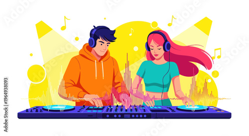 Young DJ Couple Mixing Music on Turntables with Colorful Lights and Soundwaves
