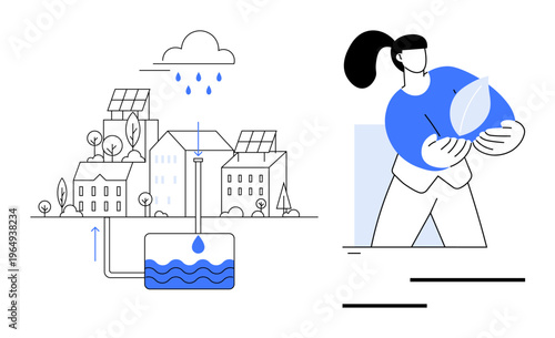 Water conservation, green energy, sustainability, eco-living, environmental protection, urban planning. Rainwater harvesting system in a community and person holding a water drop. Water conservation