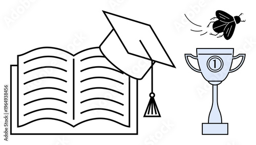 Education concept. Open book, graduation cap, and trophy knowledge, learning, achievement, and success. Education promotes self-growth and inspires accomplishment. For online courses schools