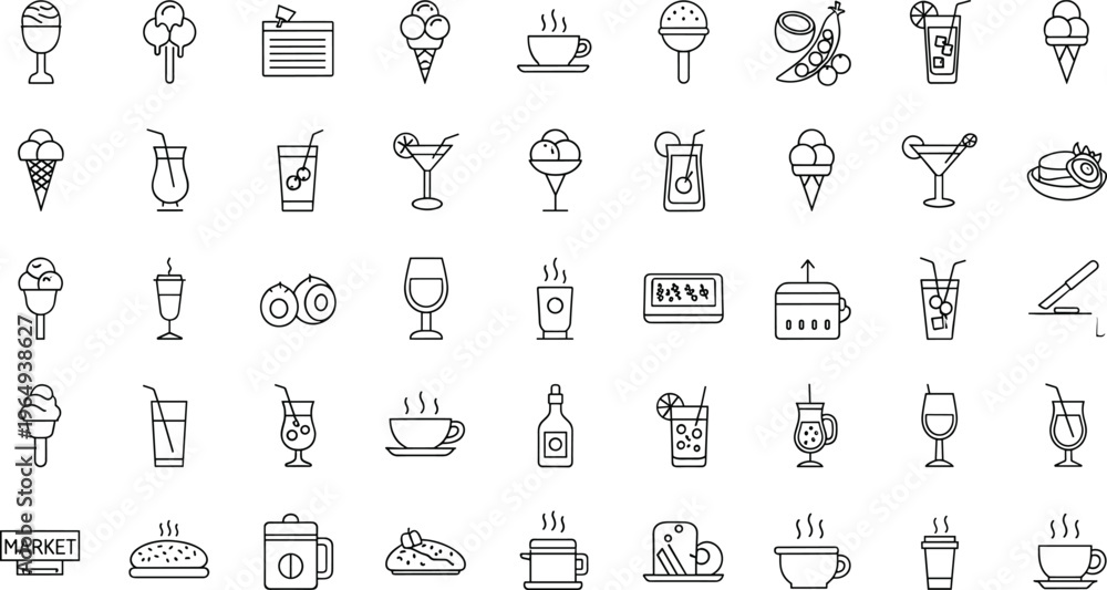 Fototapeta premium Large collection of minimalist black line vector icons featuring ice cream cones, coffee cups, summer cocktails, bakery desserts, and cafe drinks for restaurant menu design and digital mobile app inte