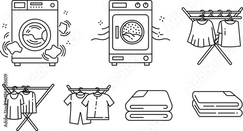 Laundry service vector icon set featuring washing machine dryer clothes drying rack hanging garments and folded clean linen,