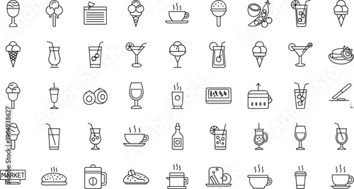 Large collection of minimalist black line vector icons featuring ice cream cones, coffee cups, summer cocktails, bakery desserts, and cafe drinks for restaurant menu design and digital mobile app inte