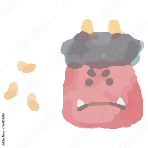 節分のアイコン・鬼と豆の装飾 水彩のぬくもり：幼稚園HP用ベクターアイコン