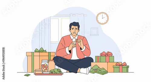Man sitting cross legged among gifts.