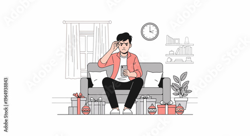 Man sitting on sofa looking stressed at home.