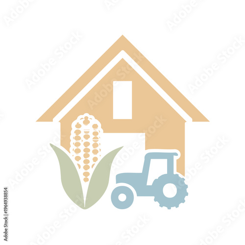 Rural farmhouse with corn and tractor illustration.