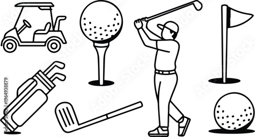 Minimalist vector illustration of golfer in follow-through swing with golf ball, club bag, cart, and flag detailed line drawing