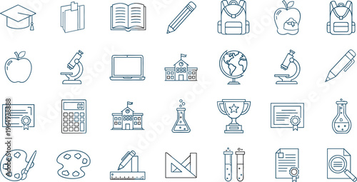 School and Learning Icon Set Featuring Graduation, Books, Microscope, Backpack, and Educational Tools for Websites, Apps, and Digital Media