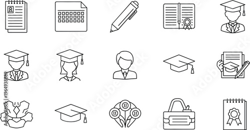 Education and Achievement Icon Set Featuring Graduation, Diploma, Student, Study Tools, and Academic Success for Websites, Apps, and Digital Media