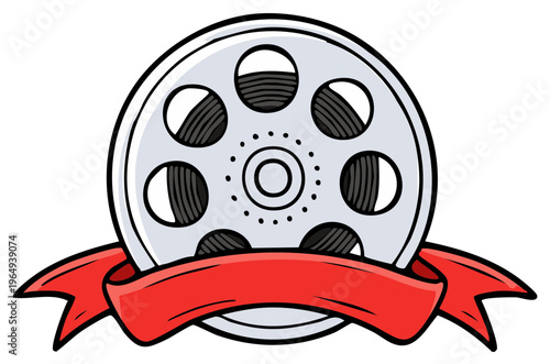 Vintage Film Reel with Red Ribbon Banner for Cinema and Movie Themes