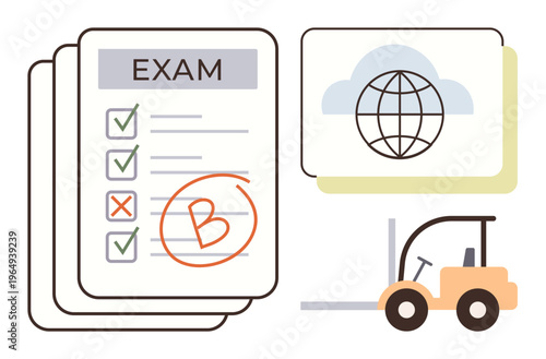 Education, online testing, global learning, forklift certification, exam results, vocational training. Exam paper with graded result, globe with cloud forklift icon. Education and online testing