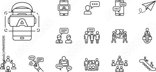 Modern business and technology line icon set including virtual reality goggles, teamwork collaboration, communication bubbles, and corporate hierarchy symbols.