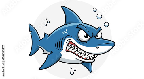 Angry Blue Shark Cartoon Character with Sharp Teeth and Bubbles