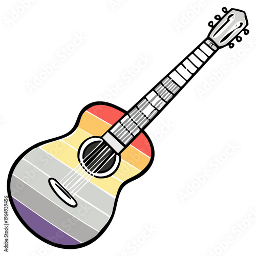 Acoustic guitar with vibrant rainbow stripes on its body and neck