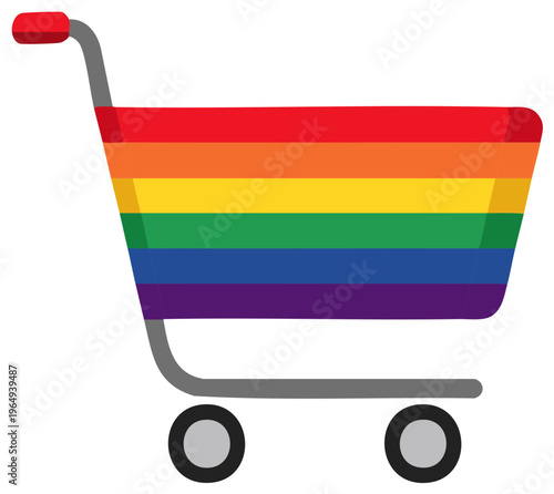 Shopping cart decorated with a rainbow color pattern. Symbol of gay pride, LGBTQ+ representation.