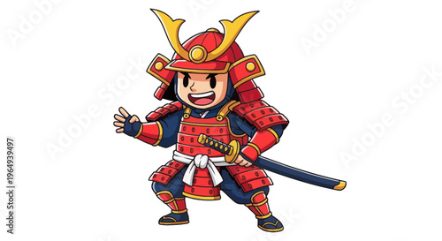 Cute Cartoon Samurai Warrior Character with Sword and Armor, Isolated