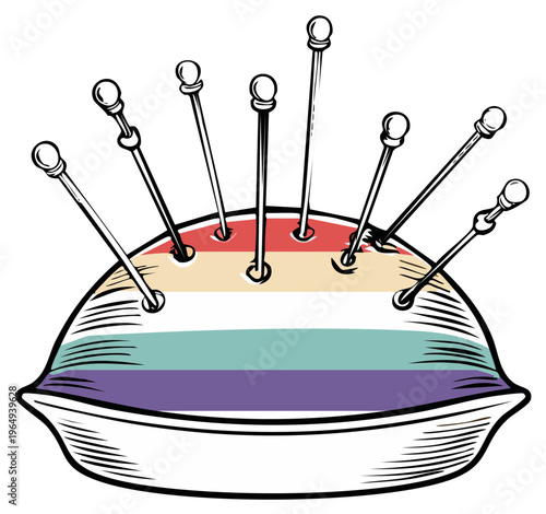 Vintage style illustration of a striped pincushion with sewing pins for needlework