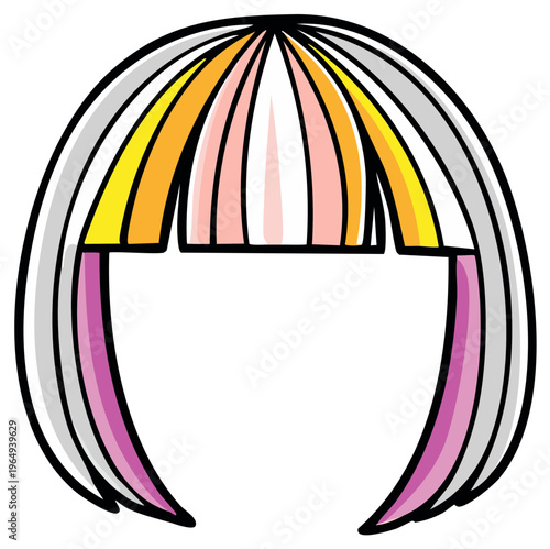 Fun and colorful layered wig with blunt bangs. Playful and stylish hairpiece for costumes or dress-up.