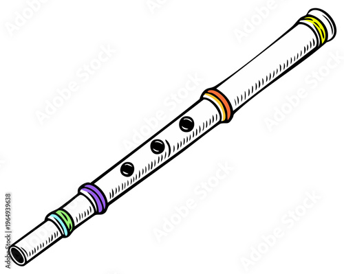 Illustration of a White Flute with Colorful Accents and Finger Holes, Isolated on White