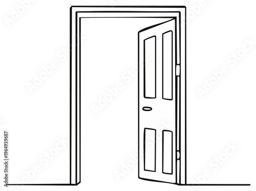 Open Doorway - Minimalist Line Art Illustration of an Open Wooden Door, Entryway, Interior