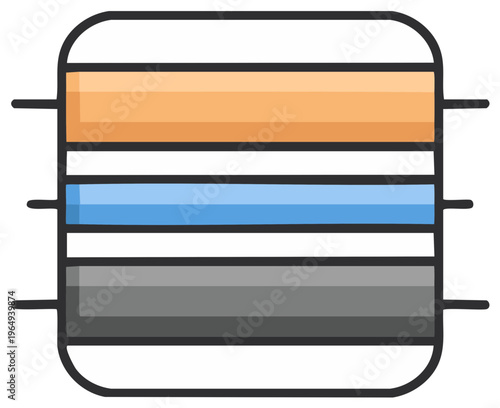 Stacked layers of orange blue and gray sections within a rounded rectangle outline