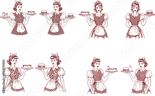 Retro vintage waitress vector character set wearing apron holding trays with burgers and hot dogs for diner restaurant