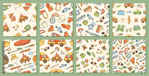 Seamless outdoor adventure camp pattern in color doodle style set. Mountain set with camping and forest elements. Adventure and travel theme, ideal for hiking backgrounds or holiday accents.
