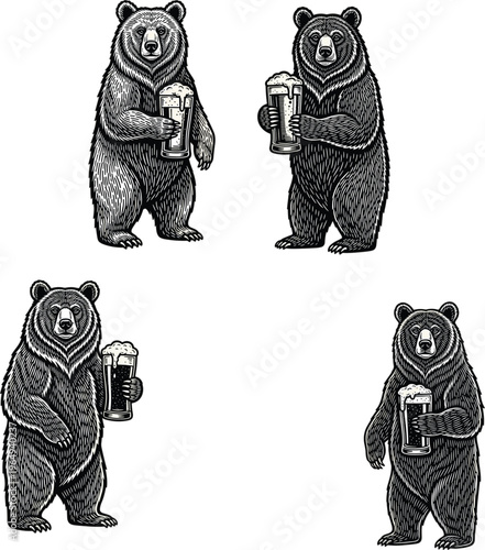 Vintage hand drawn grizzly bear character set holding glass of beer with foam for brewery pub and restaurant