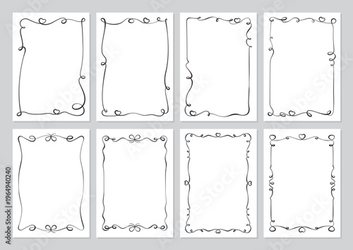 Whimsical hand drawn wedding frame set. Curly ribbon border with bow and heart detail suits romantic card or invite. Vertical white rectangle element as cute doodle line decor for couple celebration
