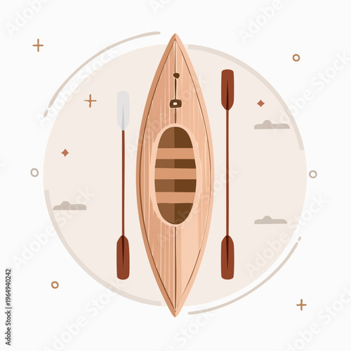 Overhead illustration of an elegant wooden canoe with two paddles, prepared for a tranquil lake journey, symbolizing leisure and outdoor recreation
