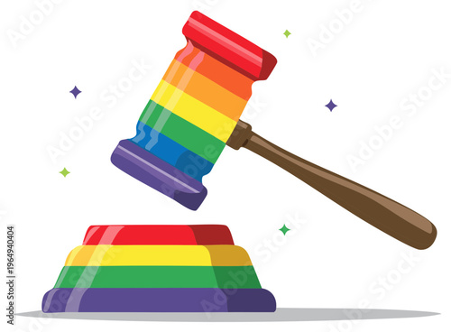 Rainbow gavel and block, illustration, LGBTQ rights concept.