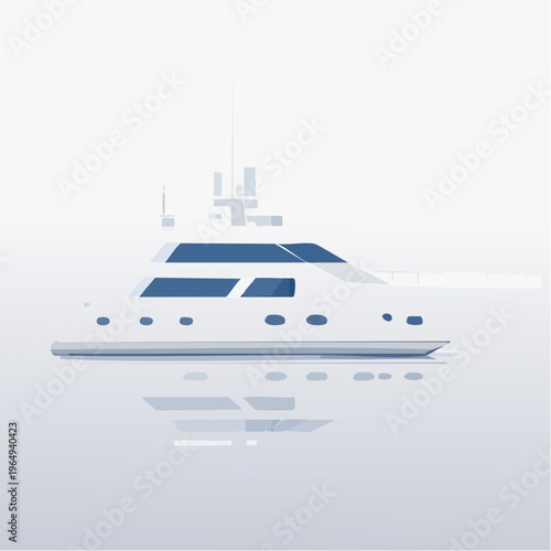 A sleek, modern white yacht with blue accents sailing on calm, reflective water