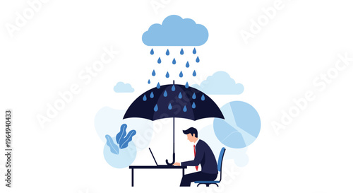 Businessman working on a laptop at his desk under a large umbrella while a single rain cloud pours water directly on him in the office.