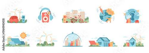 Collection of eco energy icon scenes in soft flat style. Renewable power scene shows turbine, solar panel and bicycle as symbols of sustainable lifestyle and clean transport. Green environment concept